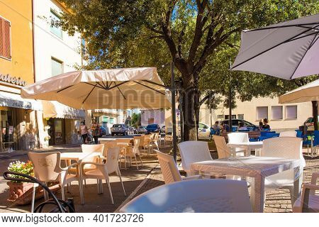 Civitella Paganico, Italy - September 4th 2020. Tables And Chairs Outside A Cafe Civitella Paganico 