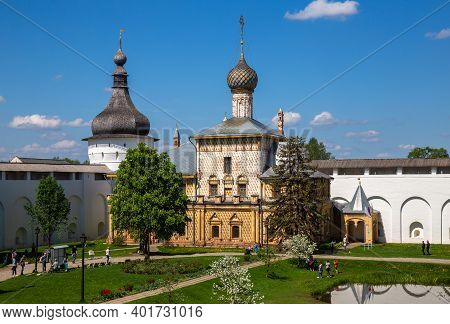 Rostov, Yaroslavl Region, Russia - May 12, 2019: Church Of The Hodegetria Of Rostov Kremlin. People 