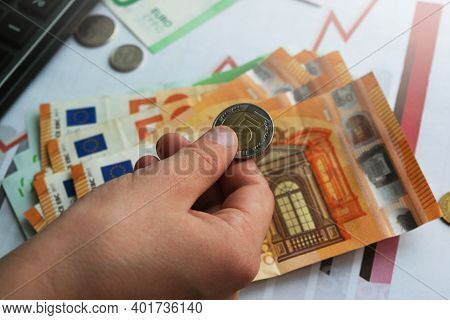Man Holding A Mane In His Hand. Macro Shooting. Detail Of Money Market, Finance Economy Currency Of