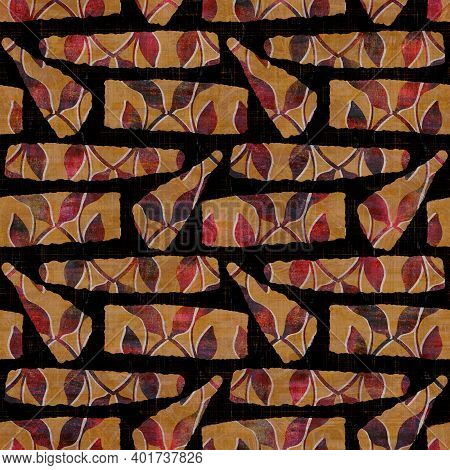 Seamless Dark Geometric Block Print Background. Boho Ethnic Soft Furnishing Fabric Style. Tie Dye Pa