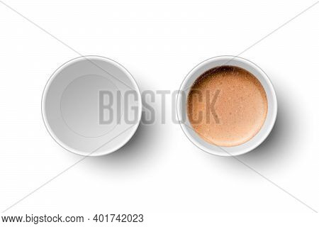 Vector 3d Realistic Paper White Disposable Empty And With Milk Coffee, Foam Cup Set Isolated. Espres