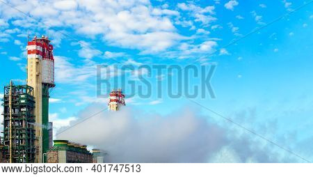 Ammonia Plant For The Production Of Chemical Industry Building And Cooling Tower With Steam Outdoors