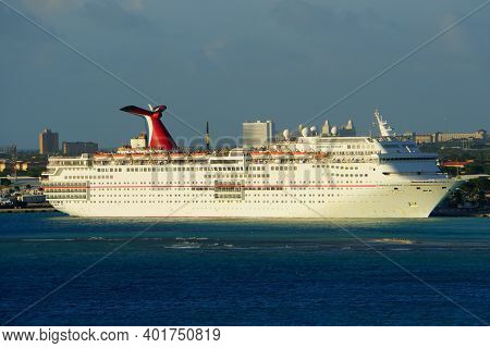 Oranjestad, Aruba - November 17, 2018 - Carnival Ecstacy Cruise Ship Docked By The Port