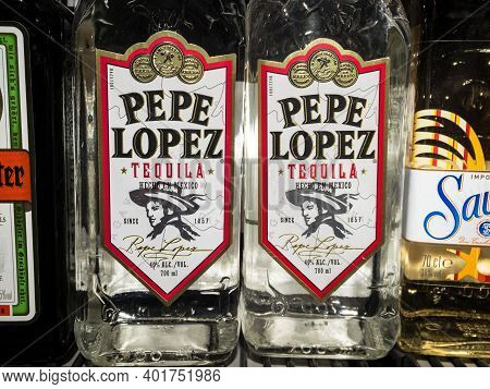 Belgrade, Serbia - December 18, 2020: Tequila Pepe Lopez Logo On One Of Their Bottles. Pepe Lopez Is