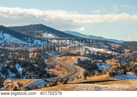 Colorado Living. Golden, Colorado - Denver Metro Area Residential Winter Panorama With The View Of A
