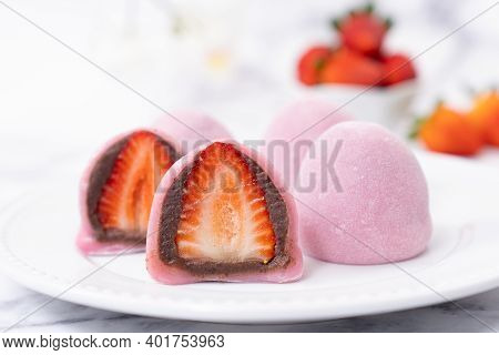 Japanese Confectionery Ichigo Daifuku, Small Round Glutinous Rice Dessert With Fresh Strawberry And 