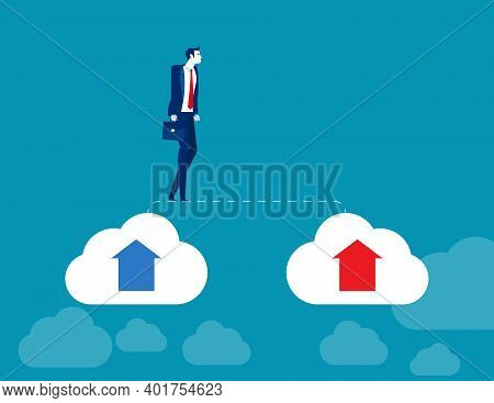 Businessman Walks From Old Cloud To New Cloud. Changing Business