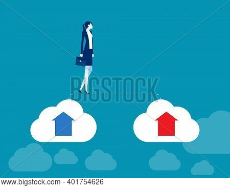 Businesswoman Walks From Old Cloud To New Cloud. Changing Business
