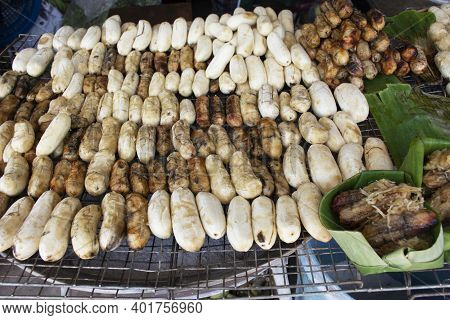 Pisang Awak Or Cultivated Bananas Grilled Roasted With Coat Honey On Local Coal Stove For Sale Thai