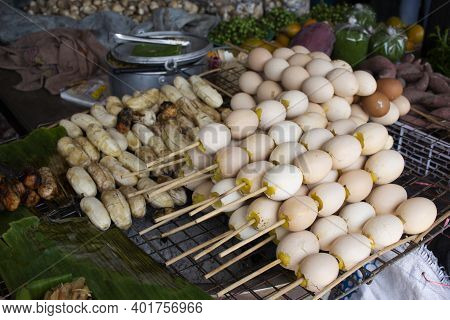 Pisang Awak Or Cultivated Bananas Roasted With Coat Honey And Special Seasoned Grilled Eggs On Local