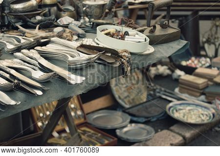 Antiques On Flea Market Or Festival - Vintage Silver Cultery - Spoons, Knifes, Forks And Other Vinta