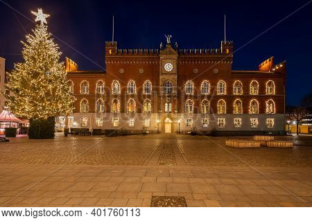 Odense City Hall In Denmark At Christmas