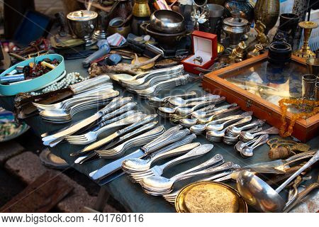 Antiques On Flea Market Or Festival, Vintage Silver Cultery - Spoons, Knifes, Forks And Other Vintag