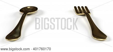 Antique Gold Spoon And Fork In White Background 3d Render