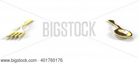 Gold Spoon And Fork In White Background 3d Render