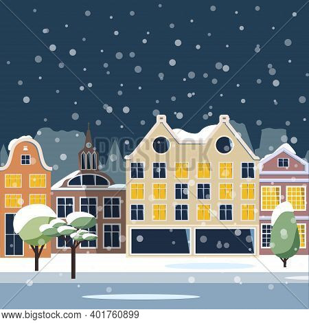 Night Winter European City - Houses And Shops, Trees, A Park With Lanterns And Benches, A Snow-cover