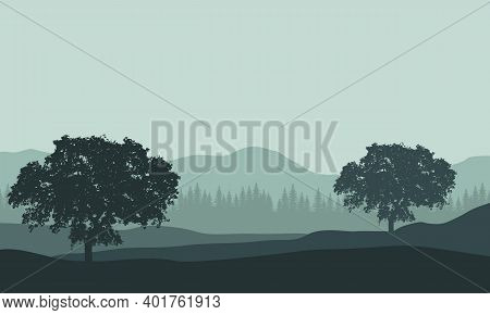Beautiful View Of Trees And Mountains In The Morning. Vector