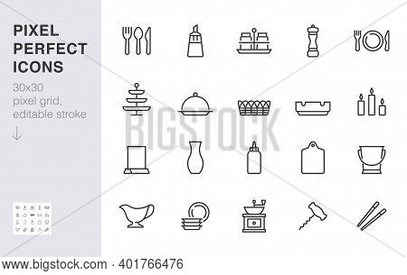 Crockery Line Icon Set. Table Setting - Sugar Bowl, Salt Shaker, Fork, Spoon, Food Sticks, Ashtray M