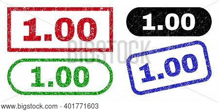 1.00 Grunge Seal Stamps. Flat Vector Grunge Stamps With 1.00 Text Inside Different Rectangle And Rou