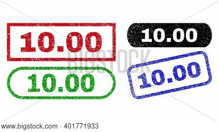 10.00 Grunge Seal Stamps. Flat Vector Textured Seal Stamps With 10.00 Text Inside Different Rectangl