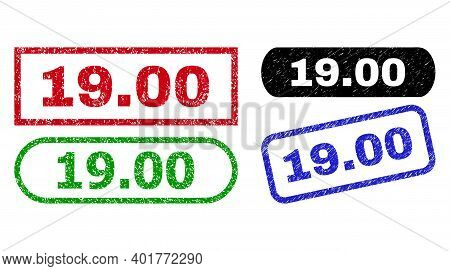 19.00 Grunge Watermarks. Flat Vector Grunge Stamps With 19.00 Text Inside Different Rectangle And Ro