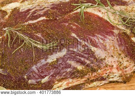 Pickled Piece Of Pork Neck Covered With Spices, Prepared For Further Dry-curing, Semifinished, Fragm