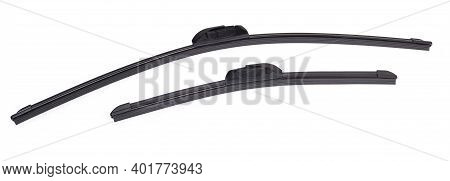Pair Of New Modern Frameless Car Windshield Wipers Blades Different Lengths On A White Background
