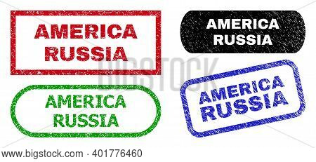 America Russia Grunge Seal Stamps. Flat Vector Scratched Seal Stamps With America Russia Caption Ins