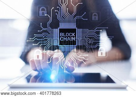 Blockchain Technology Concept On Virtual Screen. Cryptography And Cryptocurrency.