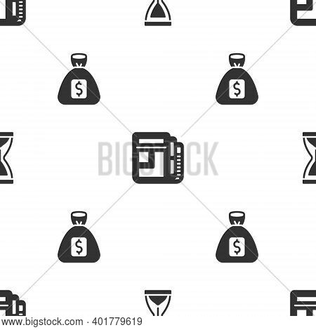 Set Old Hourglass, Stock Market News And Money Bag On Seamless Pattern. Vector