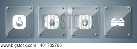 Set Safety Goggle Glasses, Fire Flame, Water Drop And Test Tube And Flask. Square Glass Panels. Vect