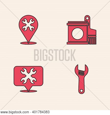 Set Adjustable Wrench, Location With, Paint Bucket And Brush And Icon. Vector
