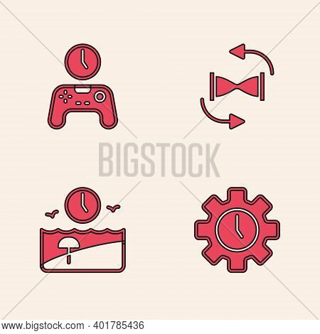 Set Time Management, Gamepad Of Time, Old Hourglass With Sand And Vacation Icon. Vector