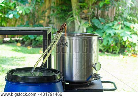 A Copper Immersion Heat Exchanger Is Used In The Craft Beer Process. Selective Focus. Homebrewing Pr