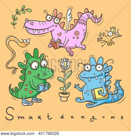 Set With  Cute Smart Dragon. Funny Crocodile Collection. Reading Reptile Poster. Vector Doodle Line 