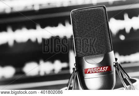 Professional Studio Microphone With Podcast Icon Attached To Shock Mount
