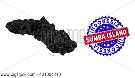Sumba Island Map Polygonal Mesh With Filled Triangles, And Scratched Bicolor Watermark. Triangle Mos