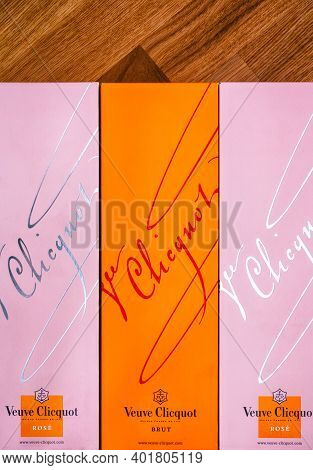 Tambov, Russian Federation - September 29, 2019 Three Boxes Of Champagne Veuve Clicquot Brut And Ros