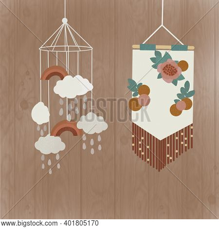 Baby Mobil And Panno Scandinavian Style, Flowers, Clouds And Rainbow