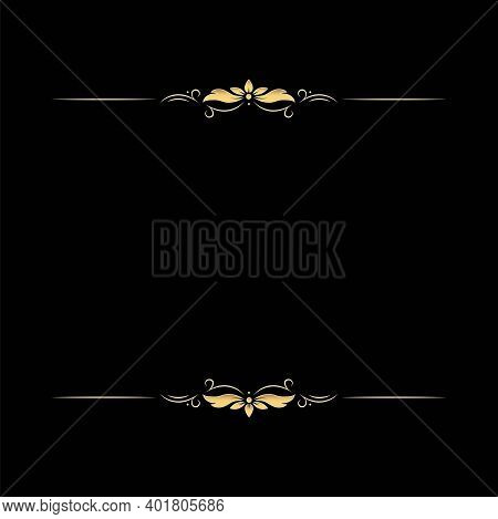 Goldren Vintage Frame Border On Black Background. Retro Floral Ornament Pattern Vector Illustration.