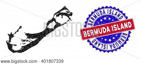 Bermuda Island Map Polygonal Mesh With Filled Triangles, And Distress Bicolor Stamp Seal. Triangle M