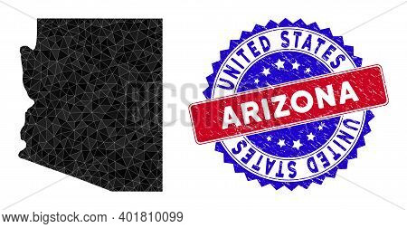 Arizona State Map Polygonal Mesh With Filled Triangles, And Textured Bicolor Stamp Seal. Triangle Mo