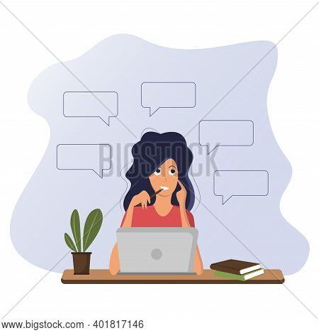 Freelancer Girl With Speech Bubbles, Laptop, Workplace