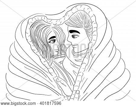 Couple In Love Hugging Under One Blanket, Black Outline Drawing Isolated On White Background, Stock 
