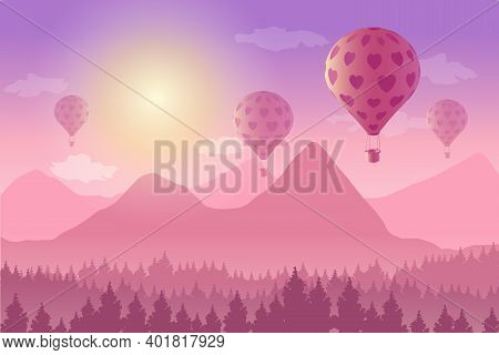 Vector Illustration Of Landscape With Hot Air Balloon Above Mountains In Sunset. Romantic, Love, Val