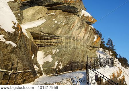 Tomskaya Pisanitsa Museum-reserve, Russia --31 January 2015: Gallery For Viewing Petroglyphs On The 