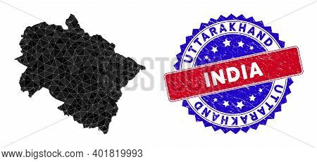 Uttarakhand State Map Polygonal Mesh With Filled Triangles, And Textured Bicolor Seal. Triangle Mosa