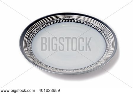 Empty Ceramic Plate Of Delicate Pastel Blue-white Color With A Blue Border Isolated On A White Backg