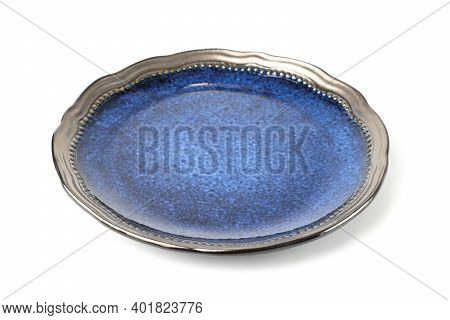Empty Ceramic Plate Of Delicate Pastel Blue Color With A Gold Border Isolated On A White Background,