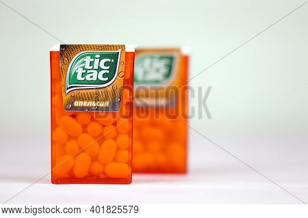 Kharkov, Ukraine - November 24, 2020: Tic Tac Drops With Orange Flavour. Tic Tacs Are Manufactured B